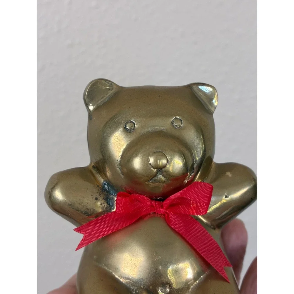 Vintage Solid Brass Teddy Bear Figurine Paperweight Red Ribbon Made in Taiwan